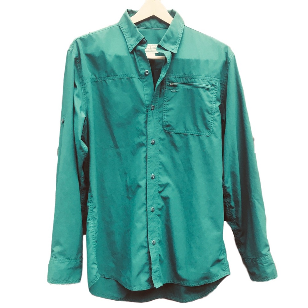 LL Bean Outdoors Shirt Mens M Medium Green Roll Up Button Sleeves Hiking Fishing